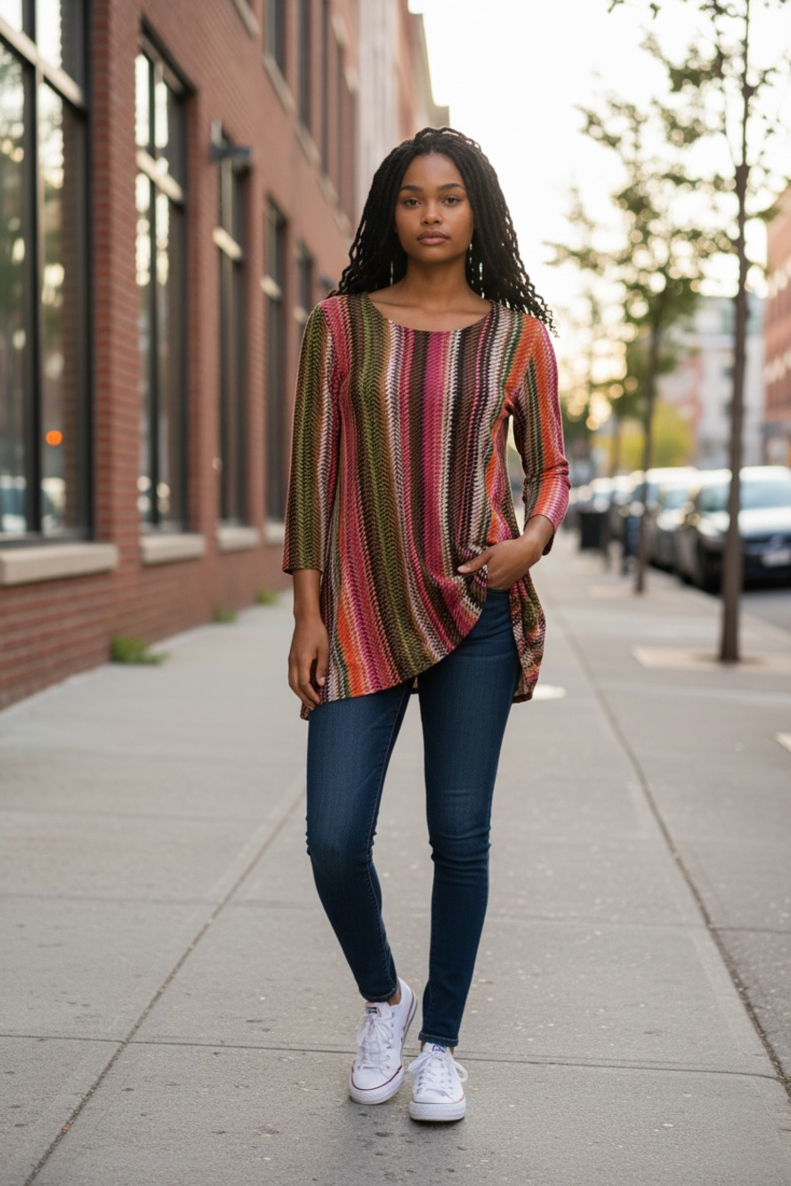 Travel Elements Women's Chevron Striped Knit 3/4 Sleeve Tunic Top Size M